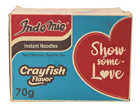 Indomie instant noodles packaging with crayfish flavor on a blue and red background
